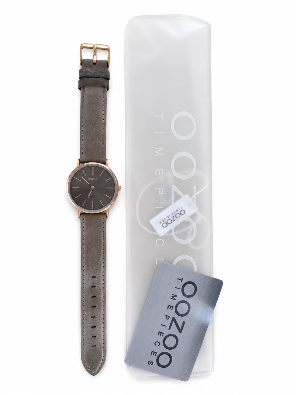 OOZOO Vintage Grey Leather & Rose Gold Tone Watch with Packaging